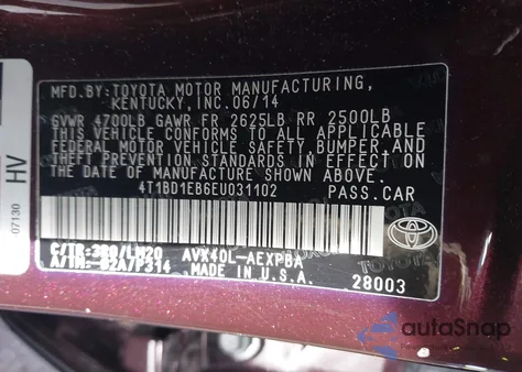 2014 Toyota Avalon Hybrid Limited z USA, uszkodzony, nr VIN 4T1BD1EB6EU031102